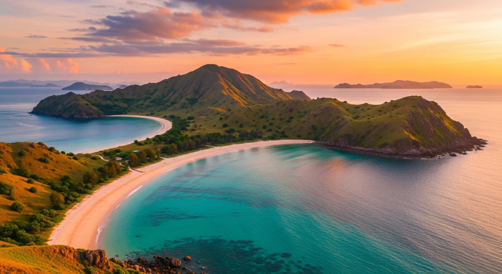 Sunrise over the three bays of Padar Island seen on a Komodo day yacht tour