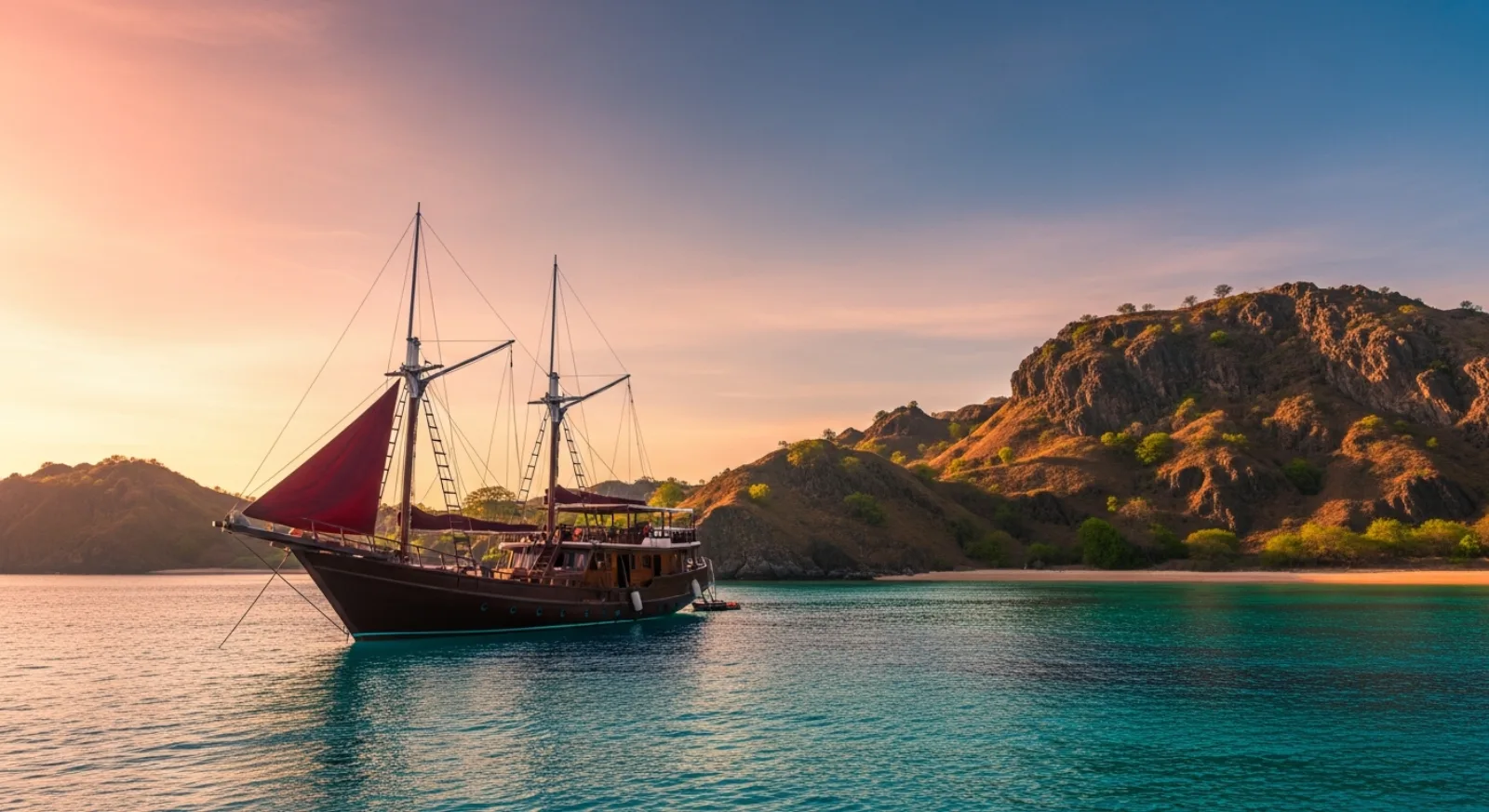 Phinisi yacht at anchor in a turquoise Komodo bay during a share cabin open trip