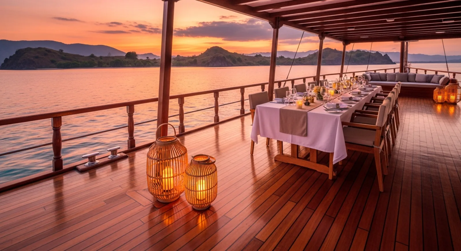 Sunset dinner on the private deck of a chartered phinisi yacht in Komodo