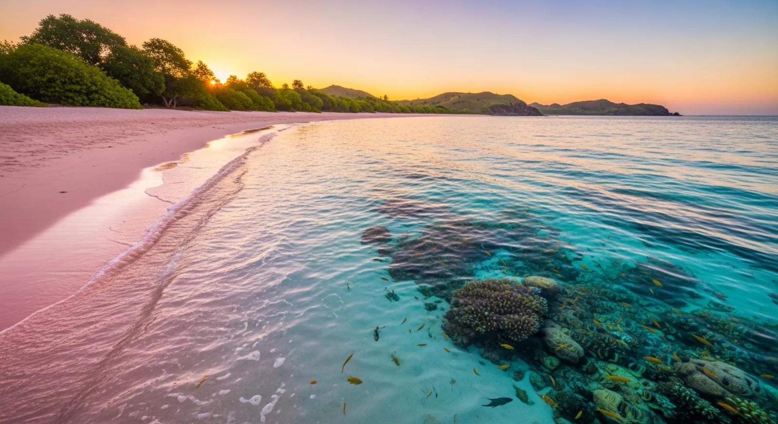 Rose-coloured sand of Pink Beach, Komodo National Park, with turquoise shallows