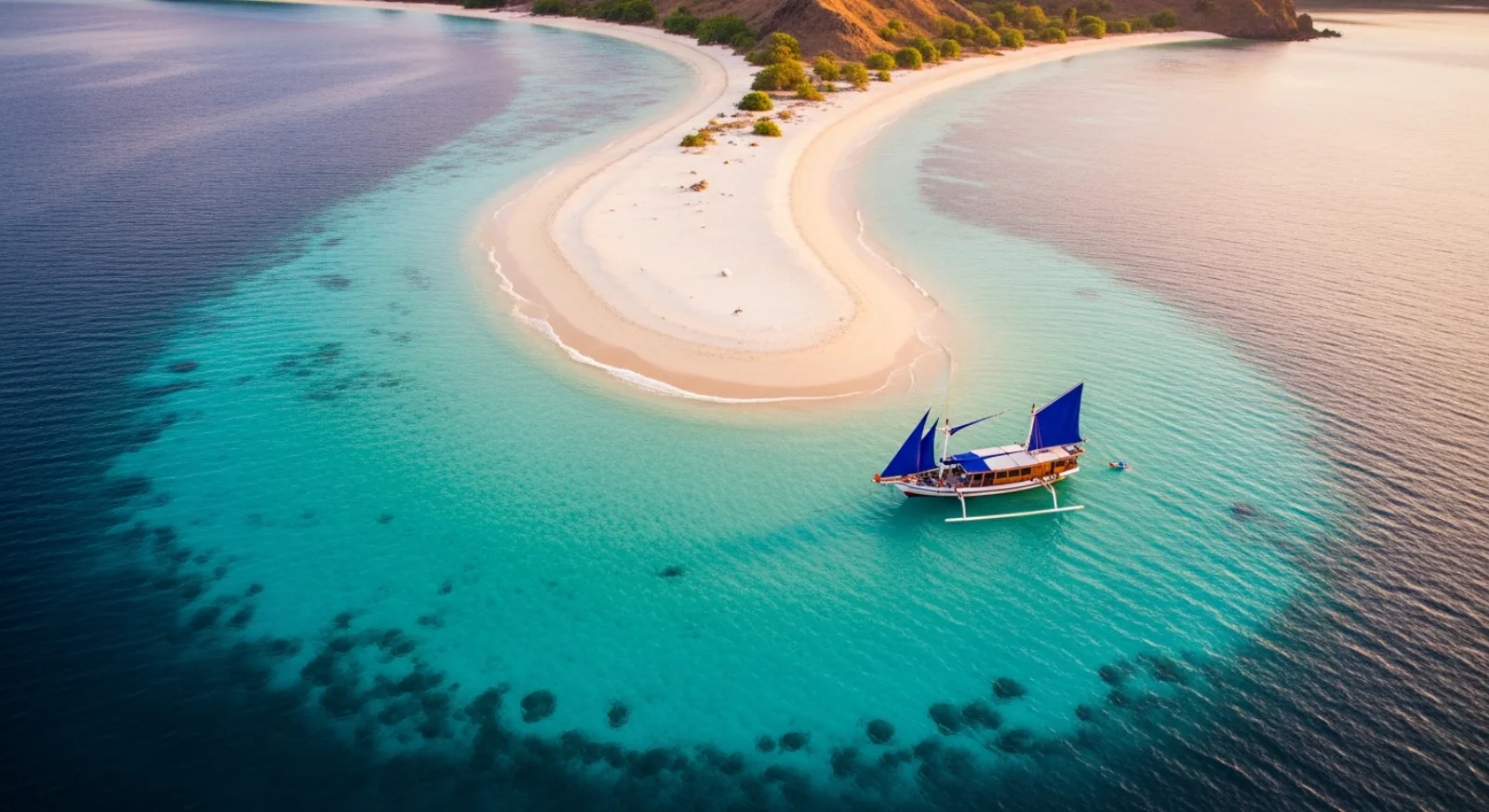 Crescent-shaped white sandbar of Taka Makassar surrounded by clear sea